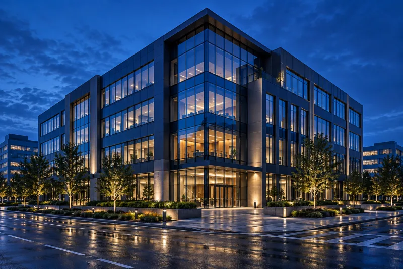 Modern office building at dusk