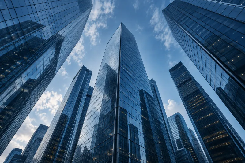 Glass office towers seen from below