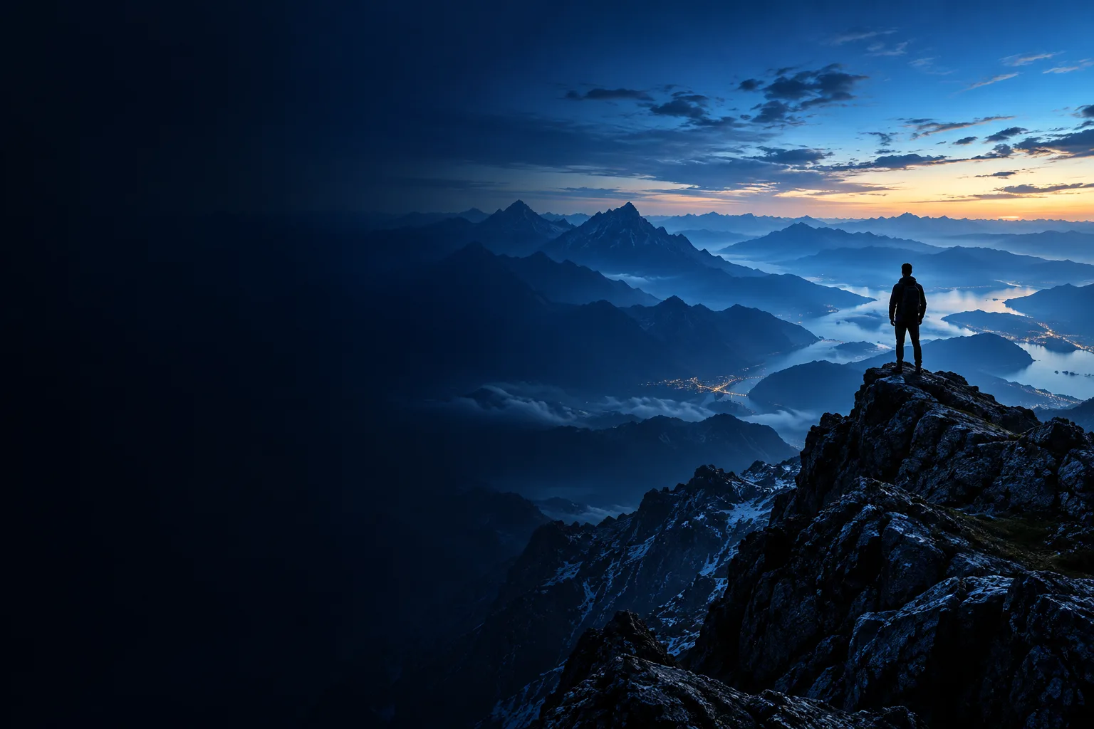 A person standing on a mountain summit at dawn