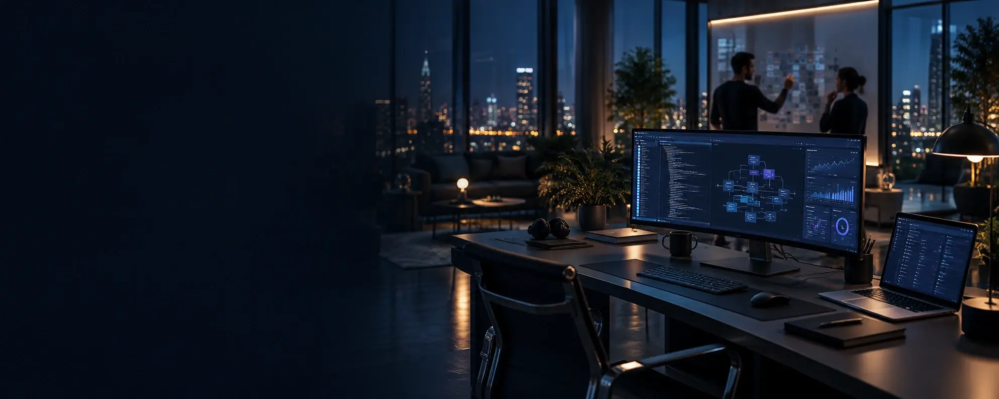 Modernes Bürogebäude in der Abenddämmerung